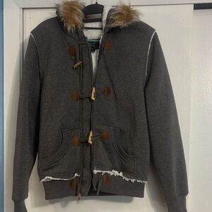 Me Jane Charcoal Gray Toggle Hoodie with Faux Fur Trim